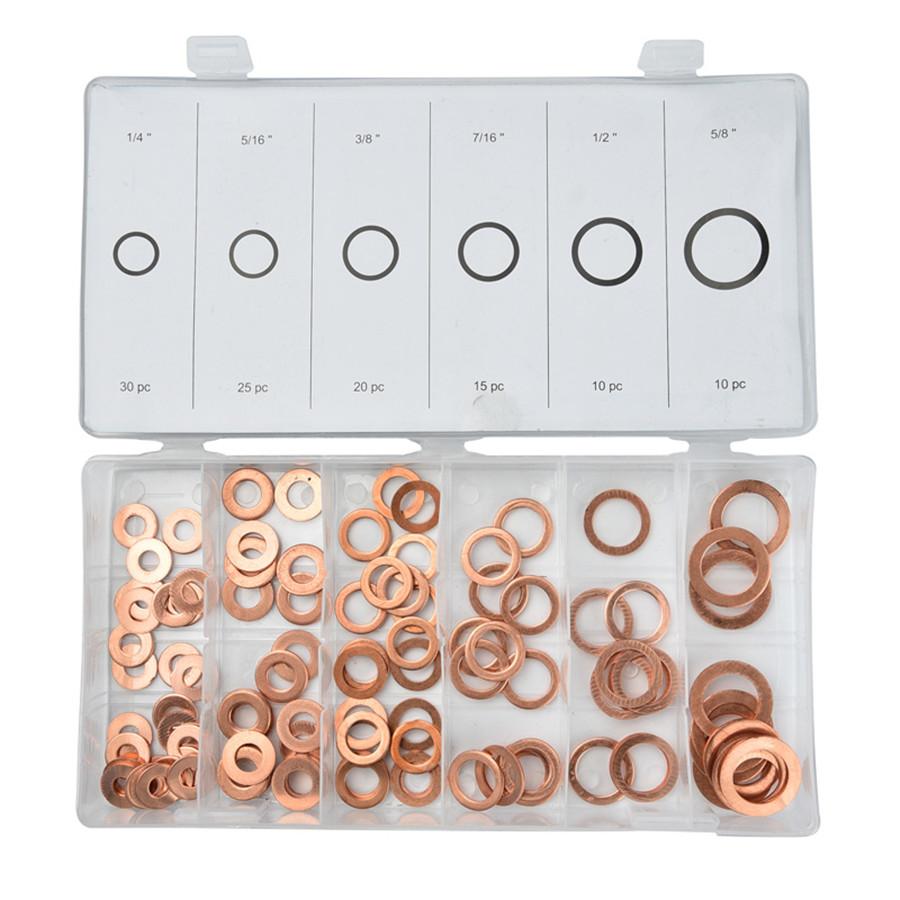 110pcs 1/4"-5/8" Engine Oil Drain Copper Ring Gaskets Flat Washer Set Seal Assor