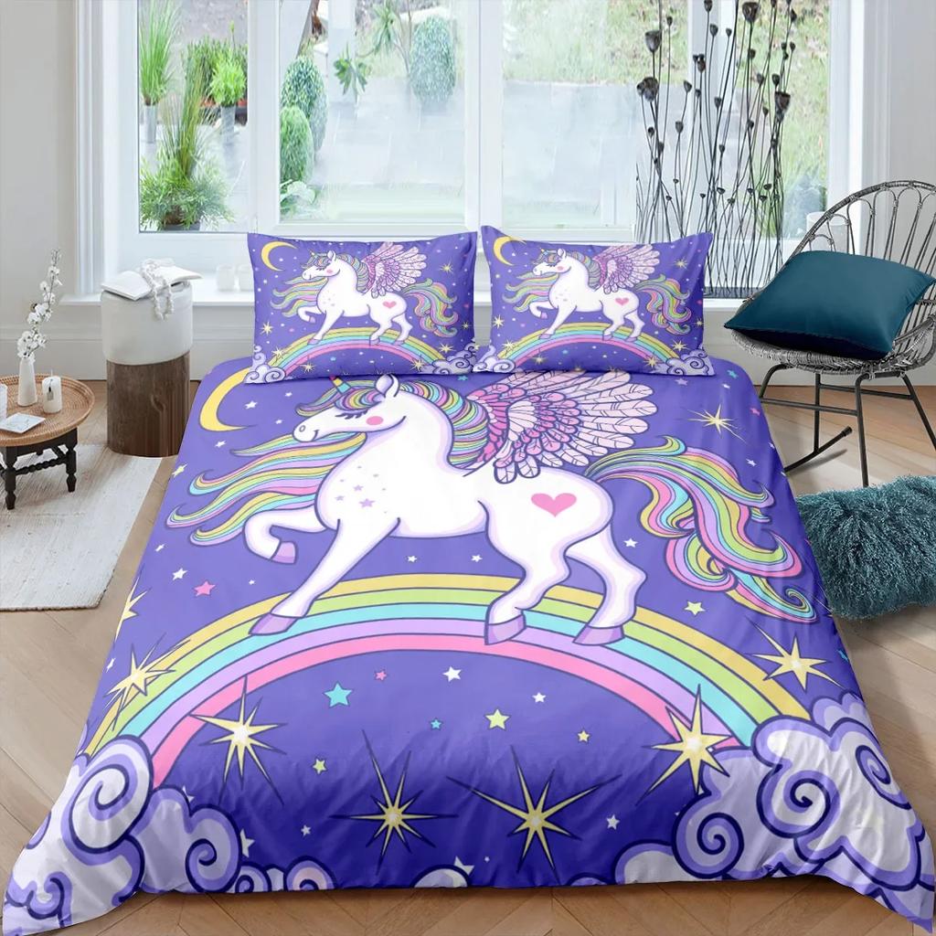 3D Colorful Unicorn Duvet Cover With Pillow Cover Bedding Set Single Double Twin Full Queen King Size Bed Set For Bedroom Decor