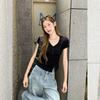 Pure Desire Irregular Hem V-neck Front Shoulder Short-sleeved T-shirt Women's Summer New Niche Unique and Beautiful Top