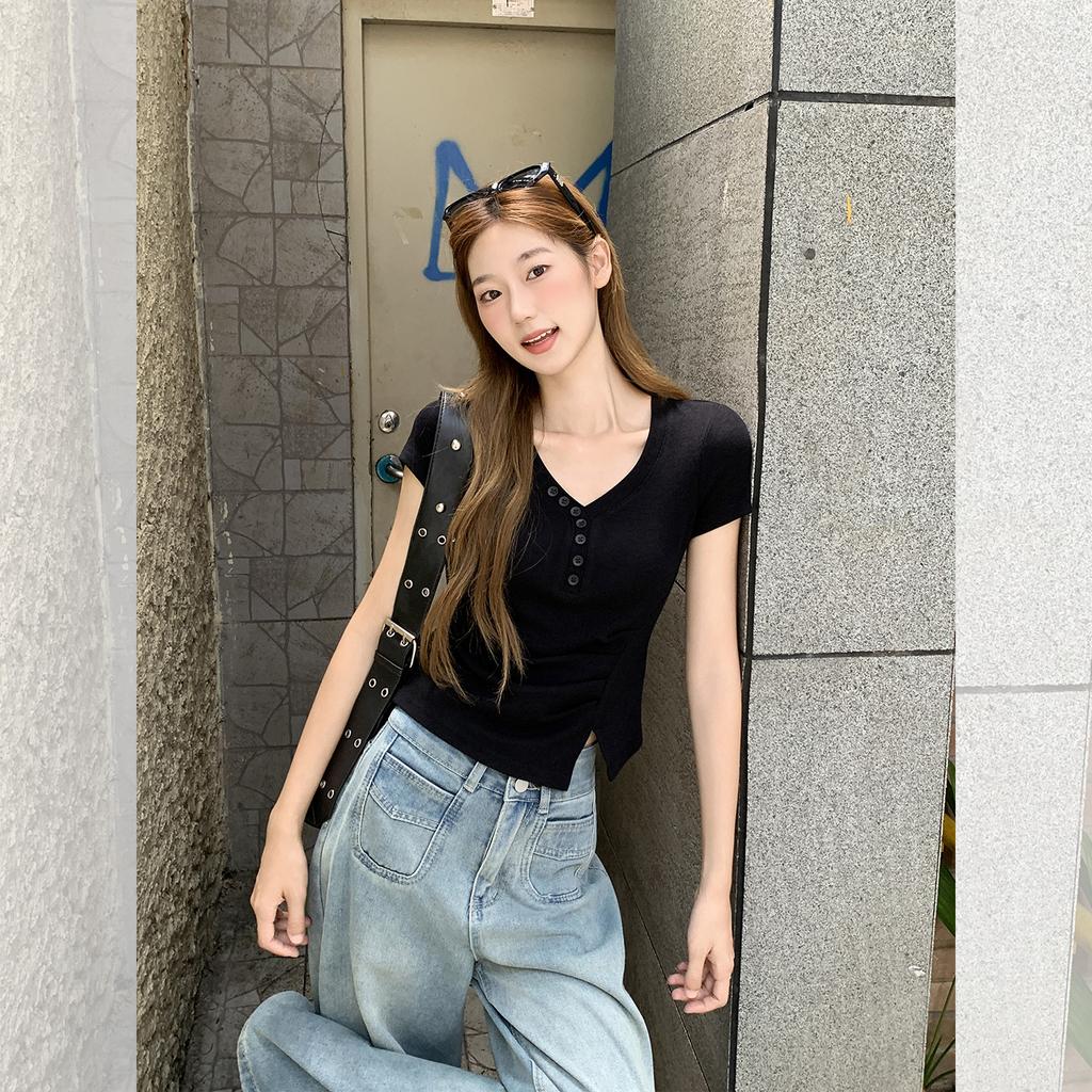 Pure Desire Irregular Hem V-neck Front Shoulder Short-sleeved T-shirt Women's Summer New Niche Unique and Beautiful Top