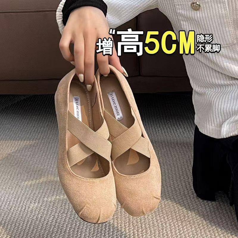 Inner Height Increase Small Cross-band Ballet Single Shoes Women's Autumn New Gentle and Versatile Beanie Shoes
