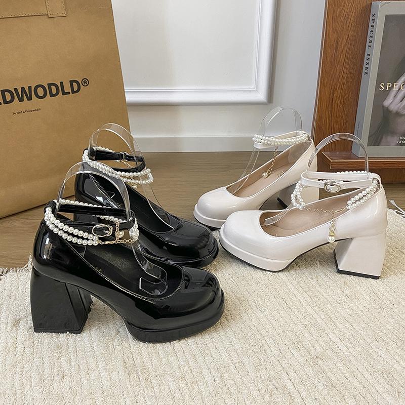 PU String Bead Buckle Strap Mary Janes Solid Square Heel Mid Heel Ladies Shoes on Sale 2025 Fashion Autumn Party Sweet Pumps