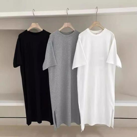Women's Short Sleeve Midi Dress Summer Casual Round Neck Shirt Dress Loose Beach Shift Split Long Dress