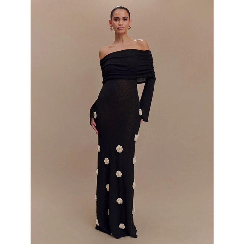 

French Style Three-Dimensional Flower off-Neck Black Knitting Dress Women s New Arrival Elegant Silm Slim Looking Sheath Dress Dress L