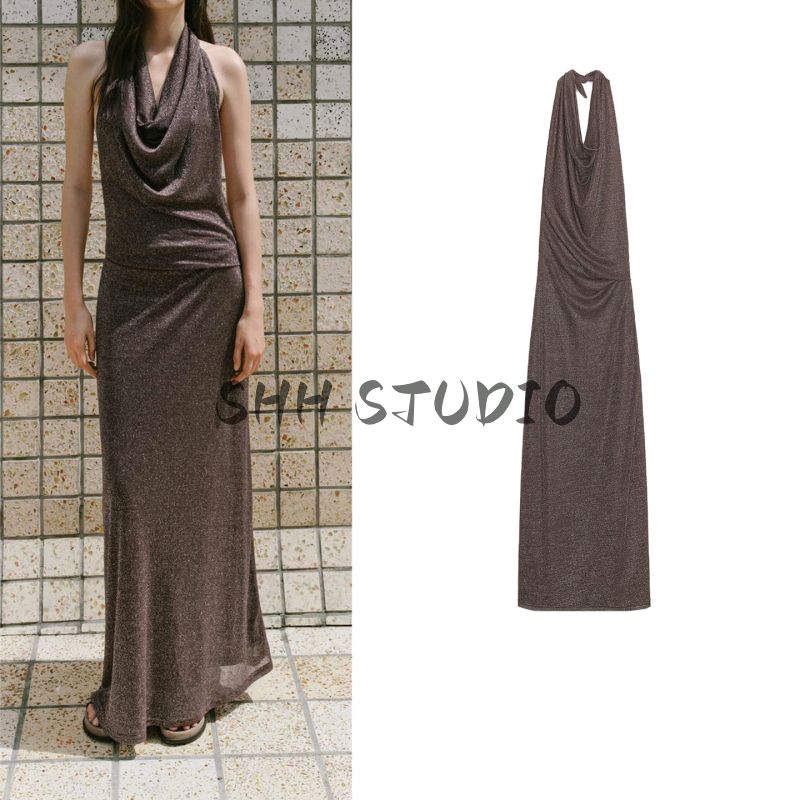 Autumn New Women clothes Hanging Collar Bowknot Decoration Backless Metal Color Thread Long Dress 2180237