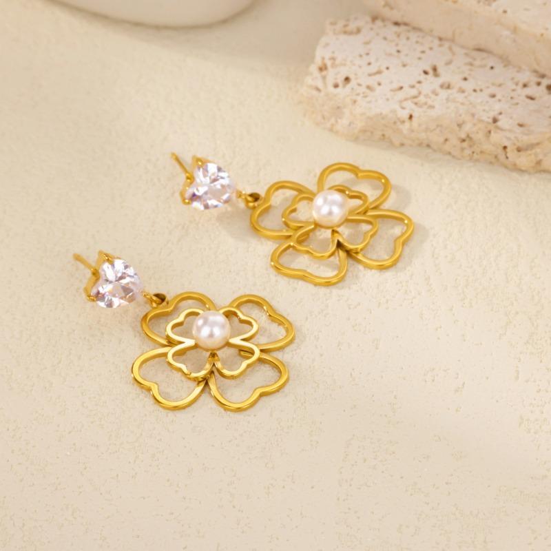 New cross shell hollow pearl earrings niche open stud earrings stainless steel k gold plated