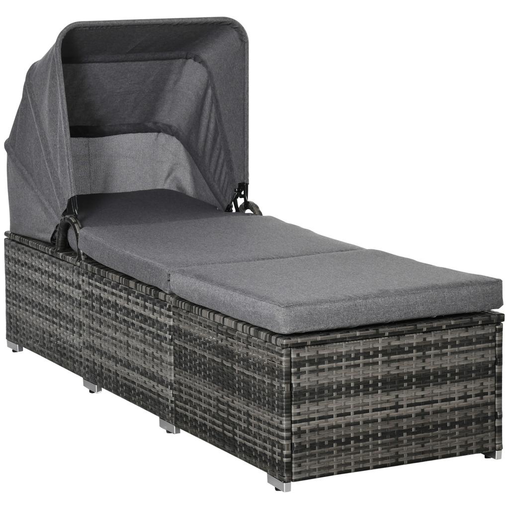 Sun Lounger Made of Poly Rattan with Sun Canopy Garden Lounger Adjustable Rattan Lounger Garden Furniture Lounger with Cushion Grey 195 x 65 x 40 cm