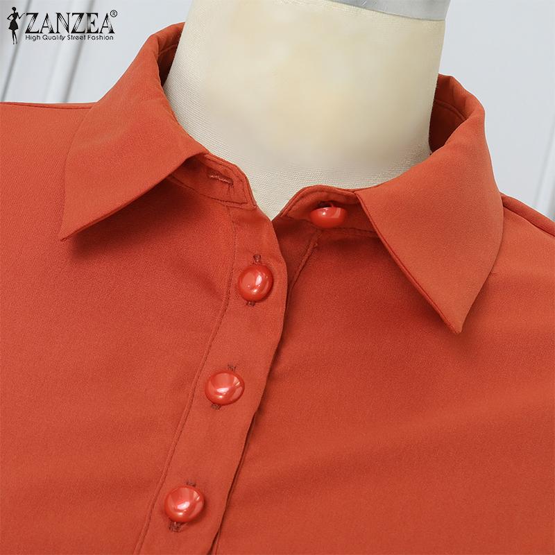 ZANZEA Women Casual Turn Down Collar Loose 3/4 Sleeve Plain Dress