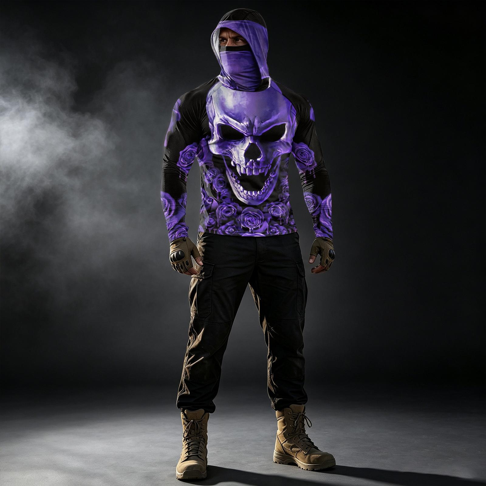 Men s Casual Raglan Color-Block Hooded Long Sleeve Printed Sun Top (Without Glasses) M фиолетовый