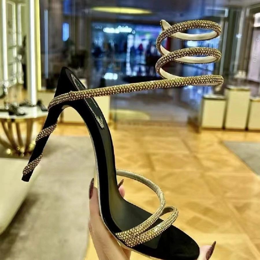 Star Style Luxury Crystal Snake Coiled Ankle Strap Lady Gladiator Sandals Sexy Stiletto High Heel Summer Party Prom Shoe