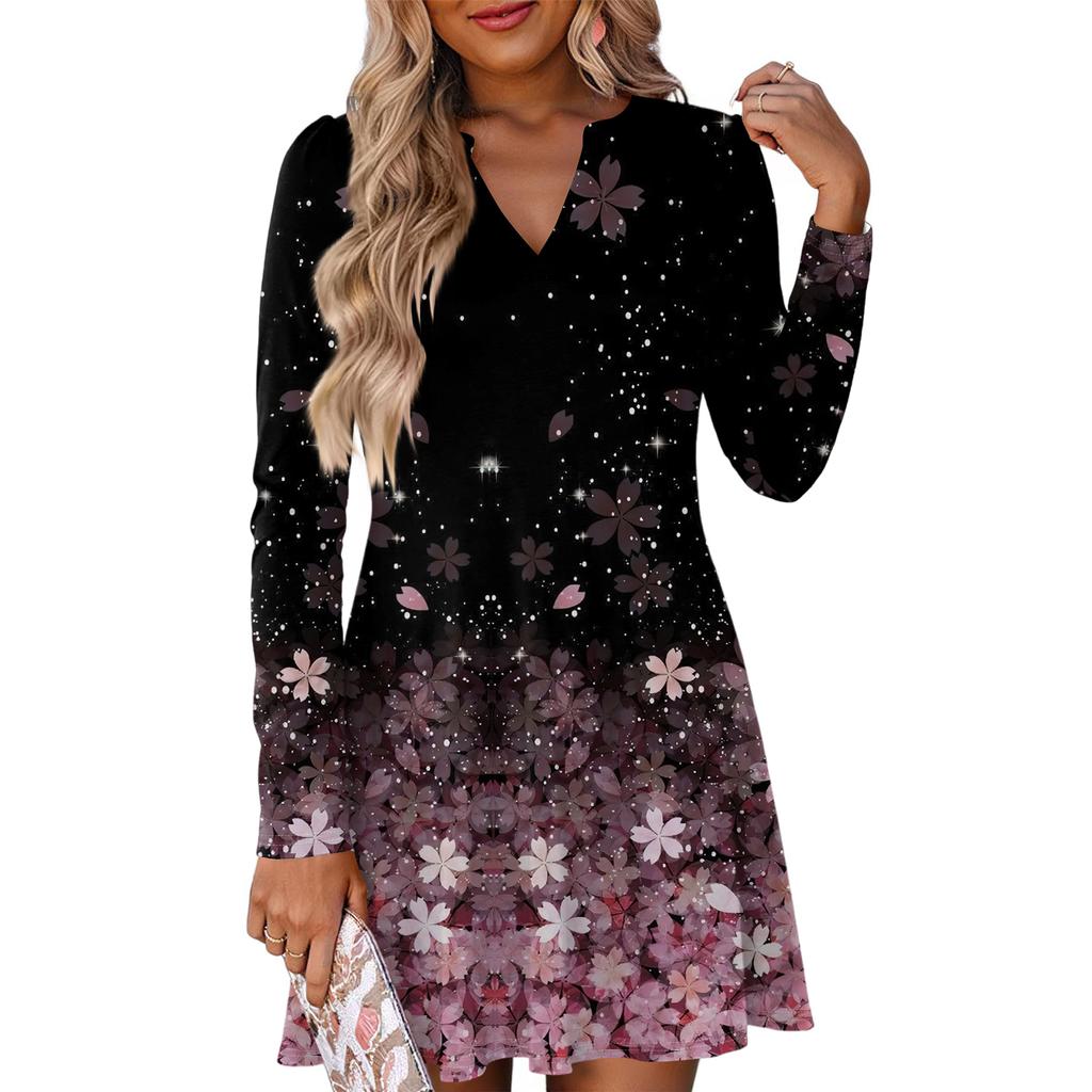 Women's Fashion Floral Print V-Neck Long Sleeve  Dress