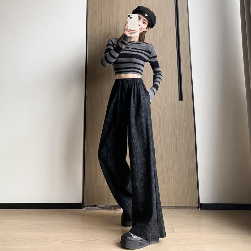 

Retro lazy wind striped wide-leg sports casual pants women s spring and autumn new pleated texture design mopping pants XL чёрный