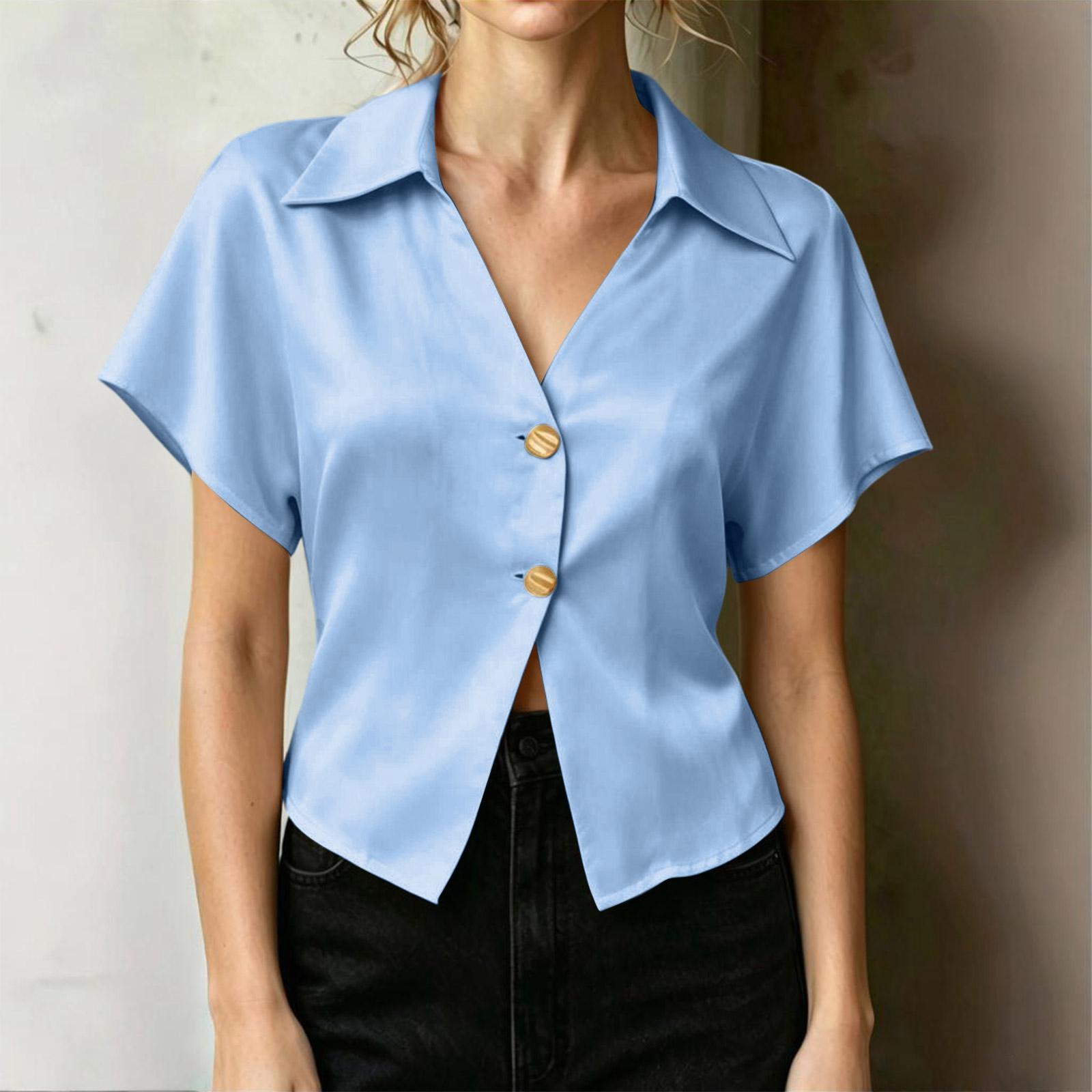 

Women Satin Short Sleeve Shirt V Neck Button Front Crop Top Casual Summer Blouse Lightweight Relaxed Fit M