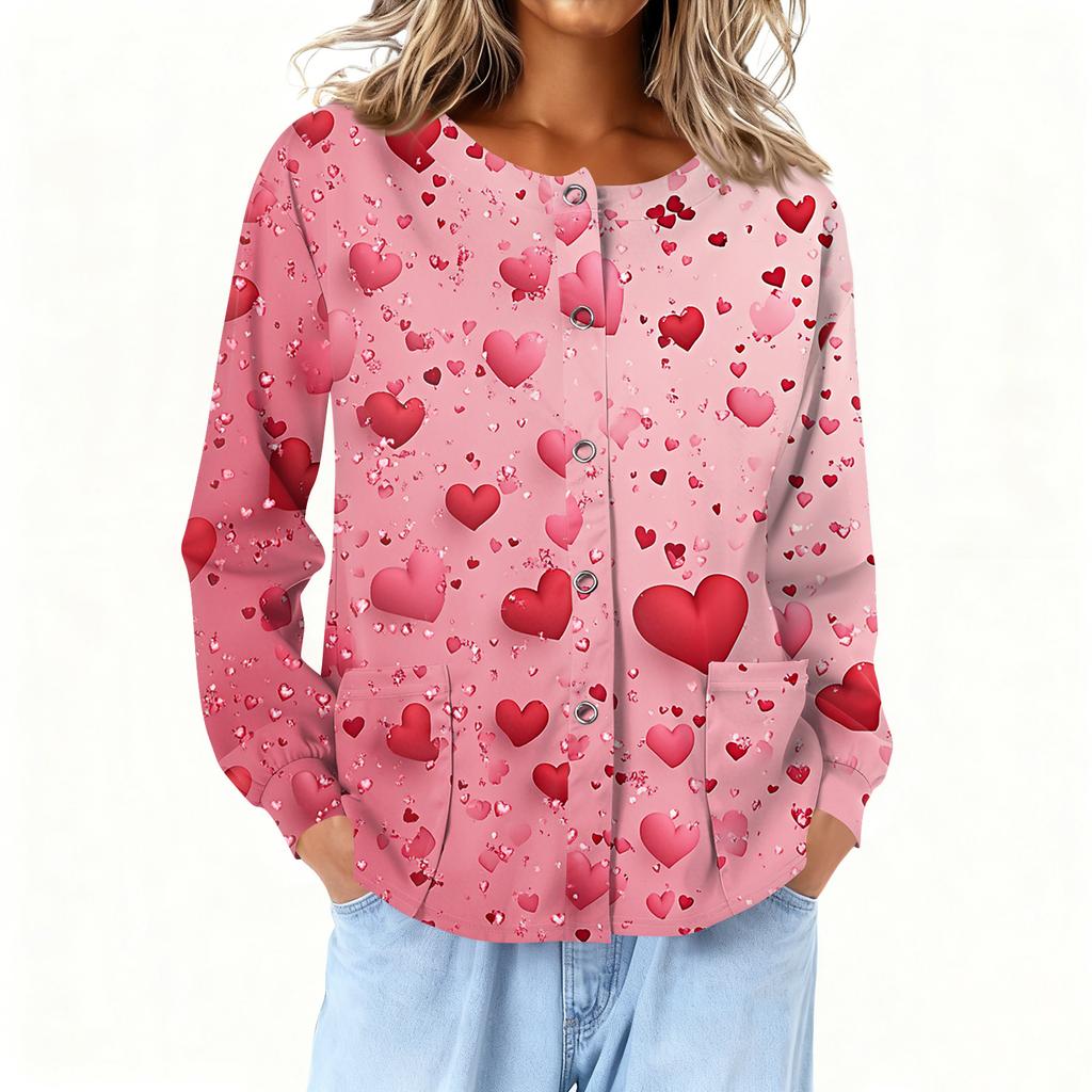 Women Long Sleeve Printed Pocket Working Stand Collar Single-breasted Protective Overalls Cardigan Jacket Top