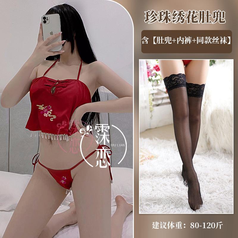 Sexy belly pocket pearl embroidered lace-up panties set classical hollow erotic underwear open-file uniform