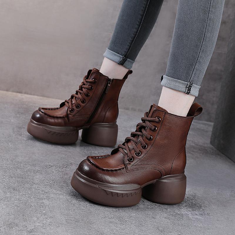 Genuine Leather Zippered Retro Platform Heel Women's Martin Boots