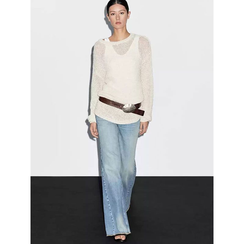 MD Women Clothes Casual Idle Style Lightweight Hollow Sweater Round Neck Long Sleeve Cover Up Knit Female 05691823711