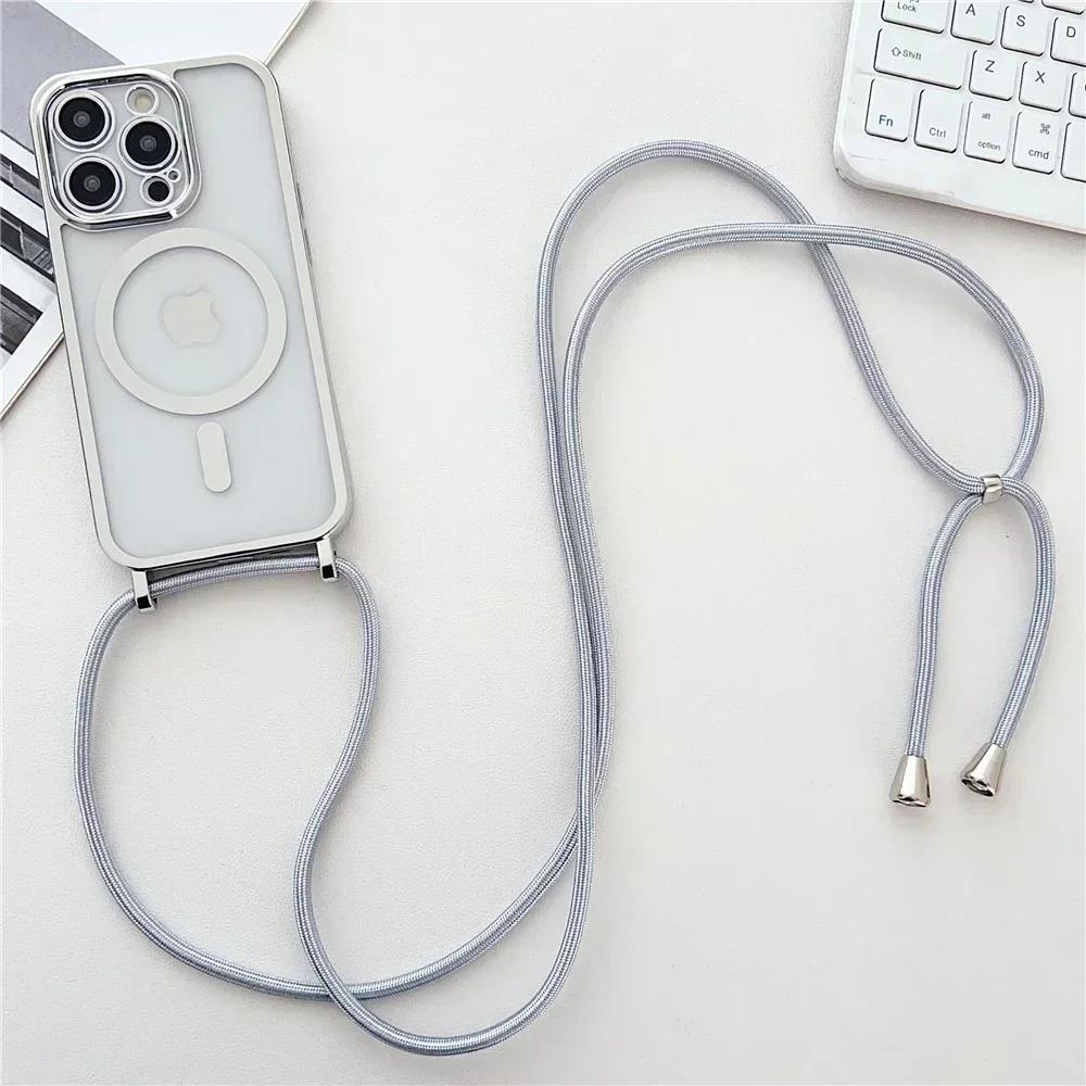 Crossboby Lanyard Plating Clear Phone Case For iPhone 16E 16 15 14 13 12 Pro Max For Magsafe Magnetic Necklace Cord Rope Cover