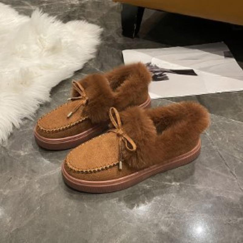 New Women's Shoes Women's Cotton Shoes Winter Bow Warm Shoes Flat-soled Fluffy Shoes