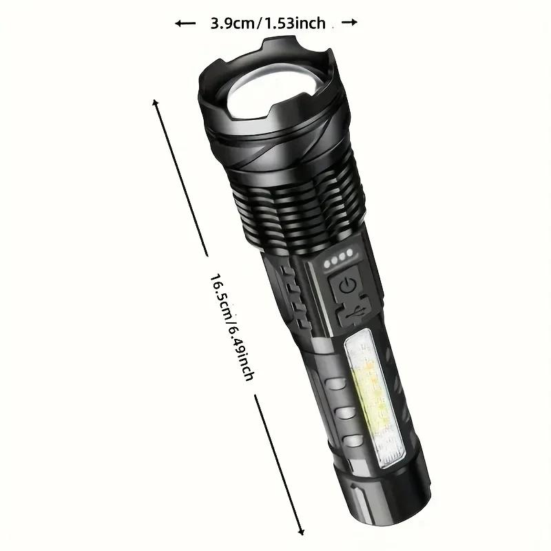 High Power LED Flashlight Powerful TYPE-C Rechargeable Zoom Flashlight with COB Side Light Torch for Outdoor Camping Hiking