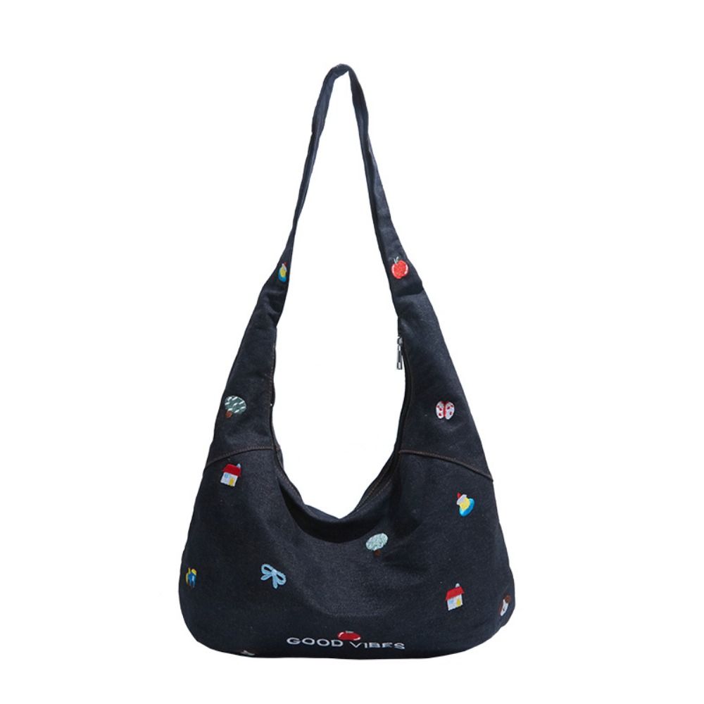 Sweet Women's Denim Shoulder Bag Large Capacity Messenger Bag Cute Embroidered Tote Bag  Outdoor