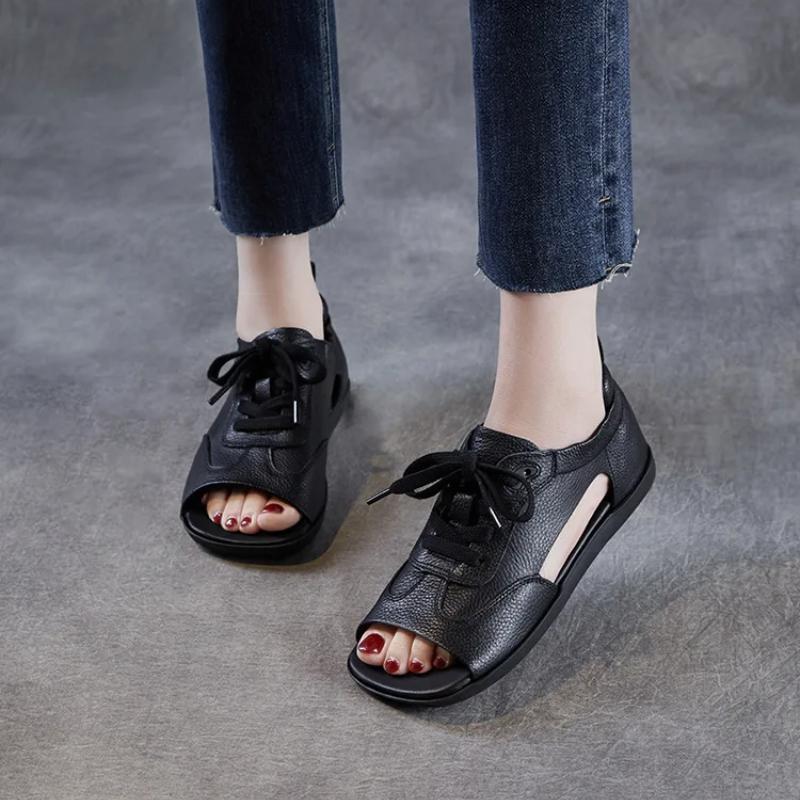 Johnature Sandales peep toe en cuir véritable rétro à semelle plate et à lacets, chaussures pour femmes à semelle souple