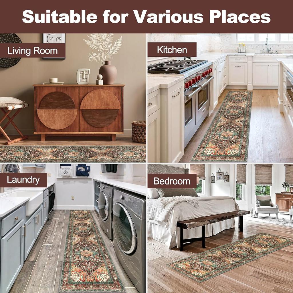 Bohemian Retro Pattern Corridor Runner Rug Non-Slip Stain Resistant Entry Floor Mat Kitchen Laundry Room Home Decor