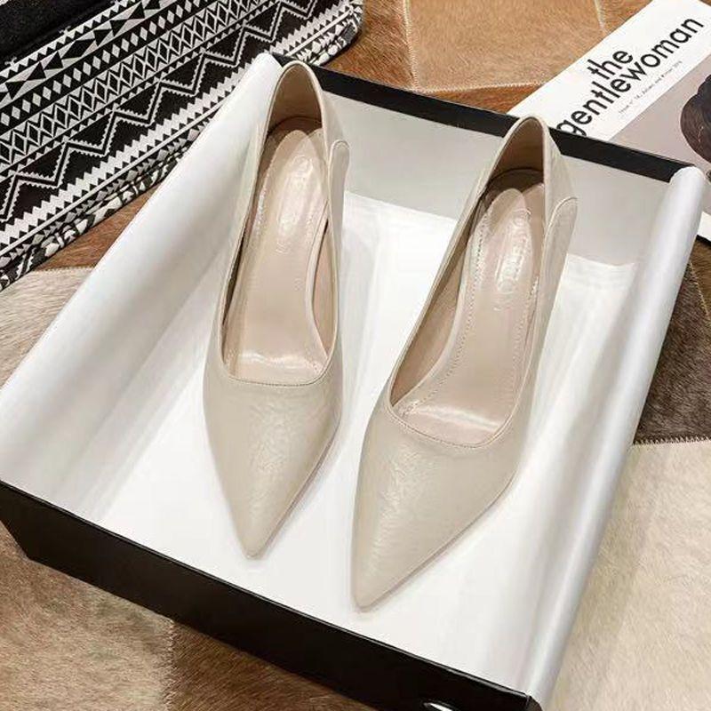 High Heels Women's New Soft Leather Not Tired Feet Professional Work Shoes Pointed Interview Etiquette Single Shoes Spring and Autumn