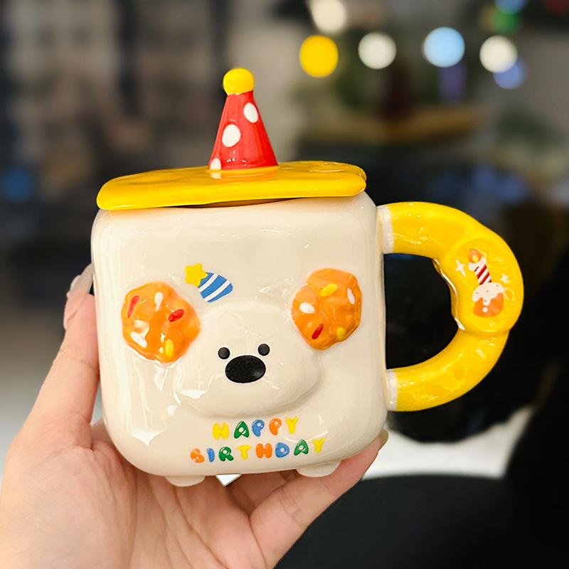 

Cartoon Puppy Mug with Lid Pink Cute Ceramic Square Cup Girly Heart Office Coffee Cup Souvenir 350ml