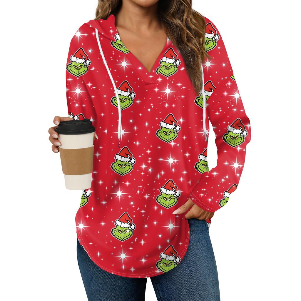 Women's Fashion Hoodies V Neck Long Sleeve Christmas Printed Drawstring Casual Loose Pullover Tops