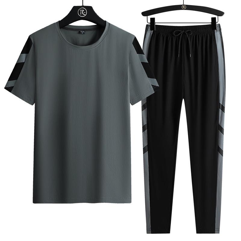 

Летний спортивный быстросохнущий костюм из ледяного шелка: Комплект из 3 предметов: шорты, брюки и футболка с коротким рукавом M