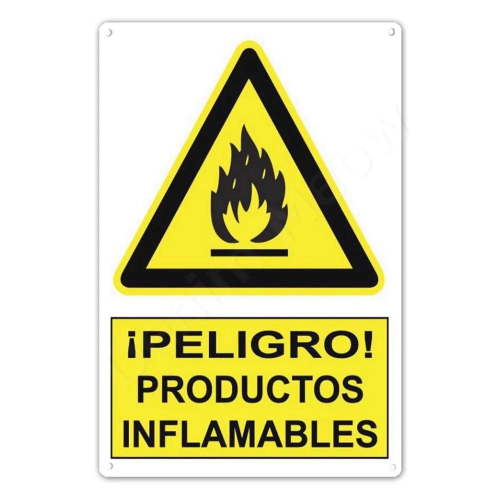 Spanish Warning Sign, Danger Metal Sign for Street, Yard, Bar, Workshop Decor, Yellow Waterproof Caution Signs, Outdoor Indoor