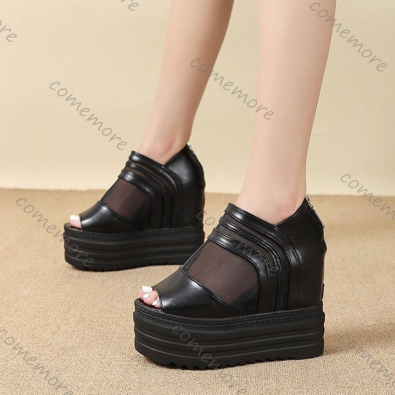 Fashion Comemore Fischmaul-Sandalen für Damen Weiß Schwarz Sommer Plateau Retro Mesh Atmungsaktiv Dicke Sohle Römisch Hoher Absatz Sandalen