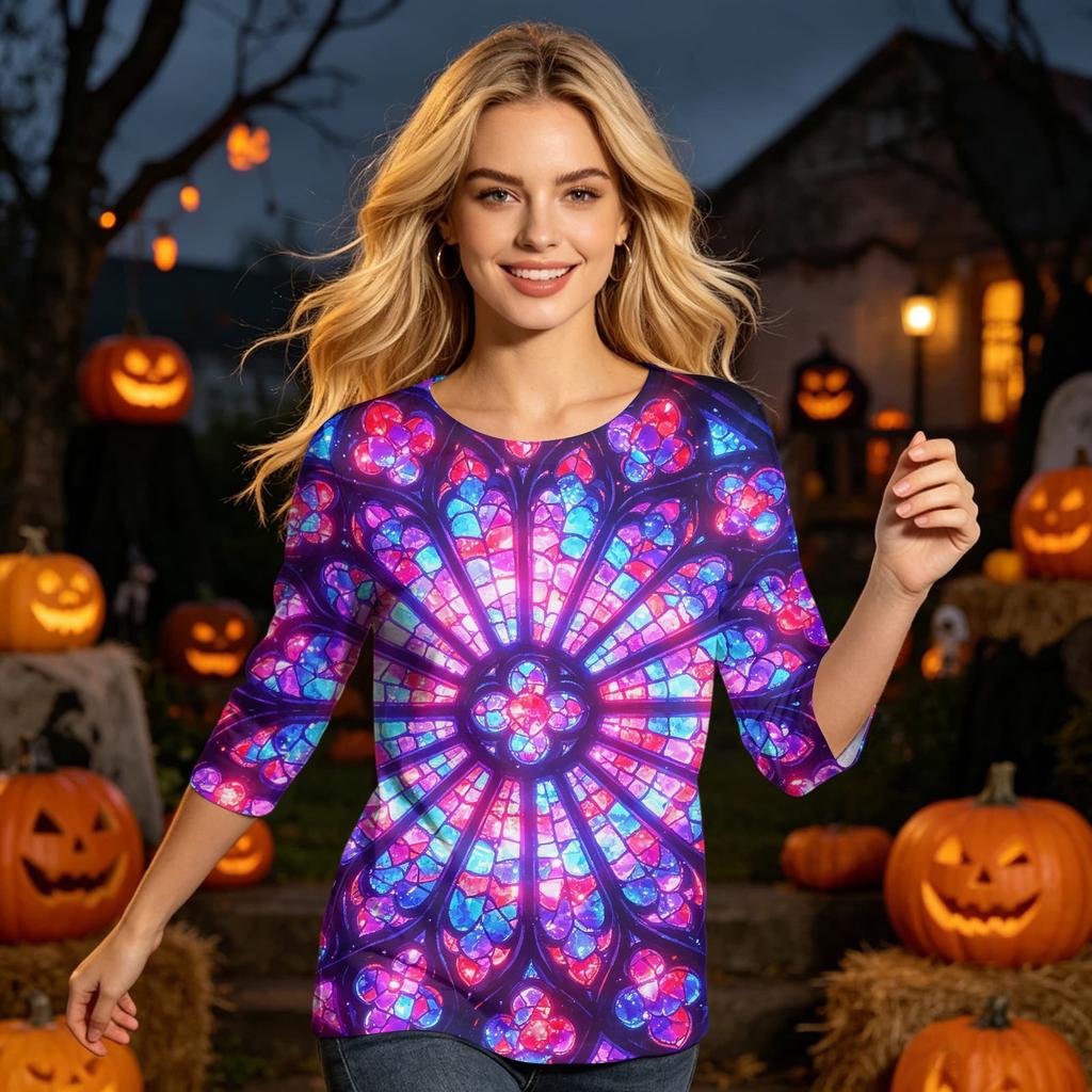 Women's Casual Halloween Print Three Quarter Sleeve Round Neck Top Lightweight Comfortable Fit for Everyday Wear