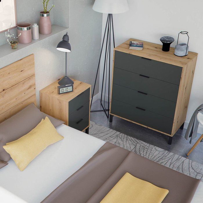 CALICOSY - Commode 4 tiroirs décor chêne noueux et gris anthracite - L77,5 cm - Bois clair