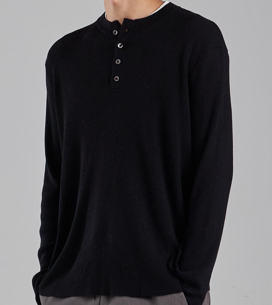 Beoteunseoul Wool Blend Layered Henley Neck Knit (Black)