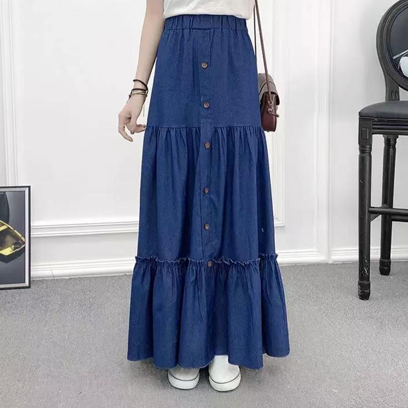 90cm Length Denim Skirts Women's Elastic High Waist Button Shirring Patchwork Ruffle Long Skirt Casual Blue Skirts Streetwear