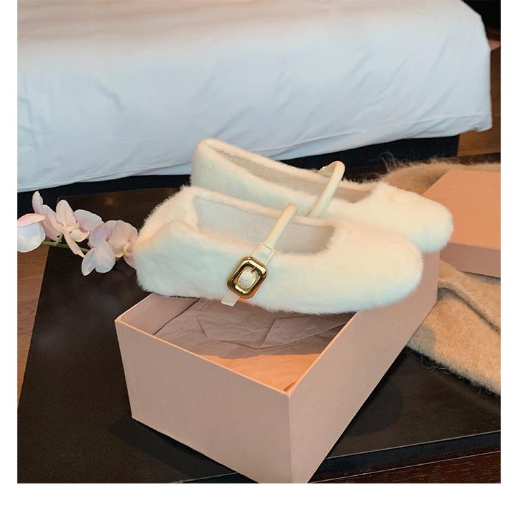 Wool Version~ French Gentle Inner Height Increase One-word Buckle Mary Jane Shoes Women's Autumn and Winter New Fluffy Shoes Velvet Single Shoes