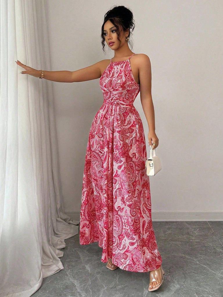 Ethnic Style Women's Halter Maxi Dress - Slimming Waist, Elegant for Beach Vacations