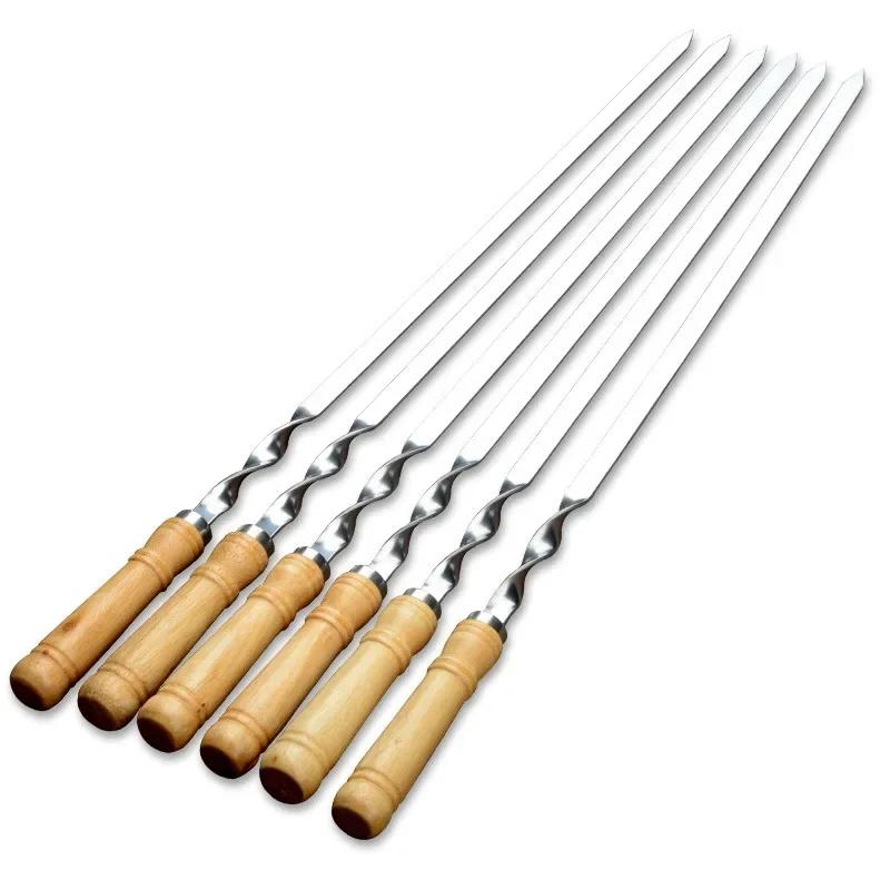 55cm BBQ Skewers Long Handle Shish Kebab Barbecue Grill Sticks Wood BBQ Fork Stainless Steel Outdoor BBQ Cooking Tool Supplies