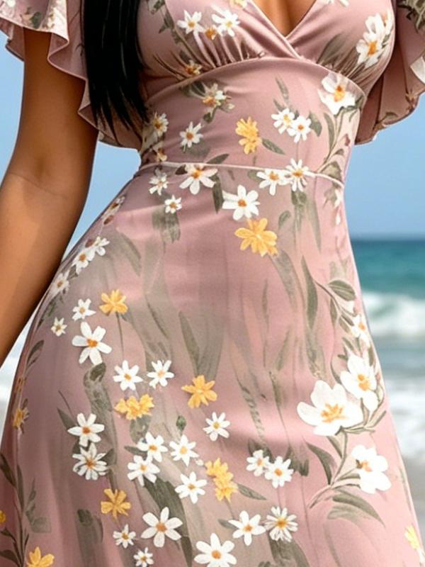 Women's Dusty Pink Floral Print Maxi Dress Deep V Neck Casual Beach Dress