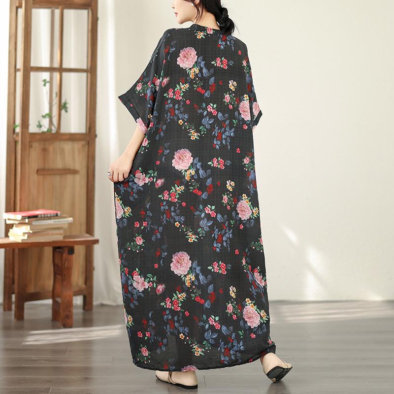DIMANAF New 2026 Women Plus Size Spring Summer Beach Vintage Floral Print Black Long Dress Loose Oversize Maxi