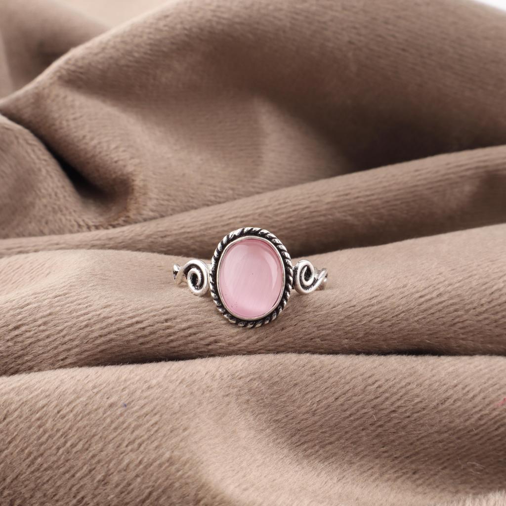 Pink Cat's Eye Ring, 925 Sterling Silver Ring Jewelry, Handmade Ring Gemstone Jewelry For Memorial Day