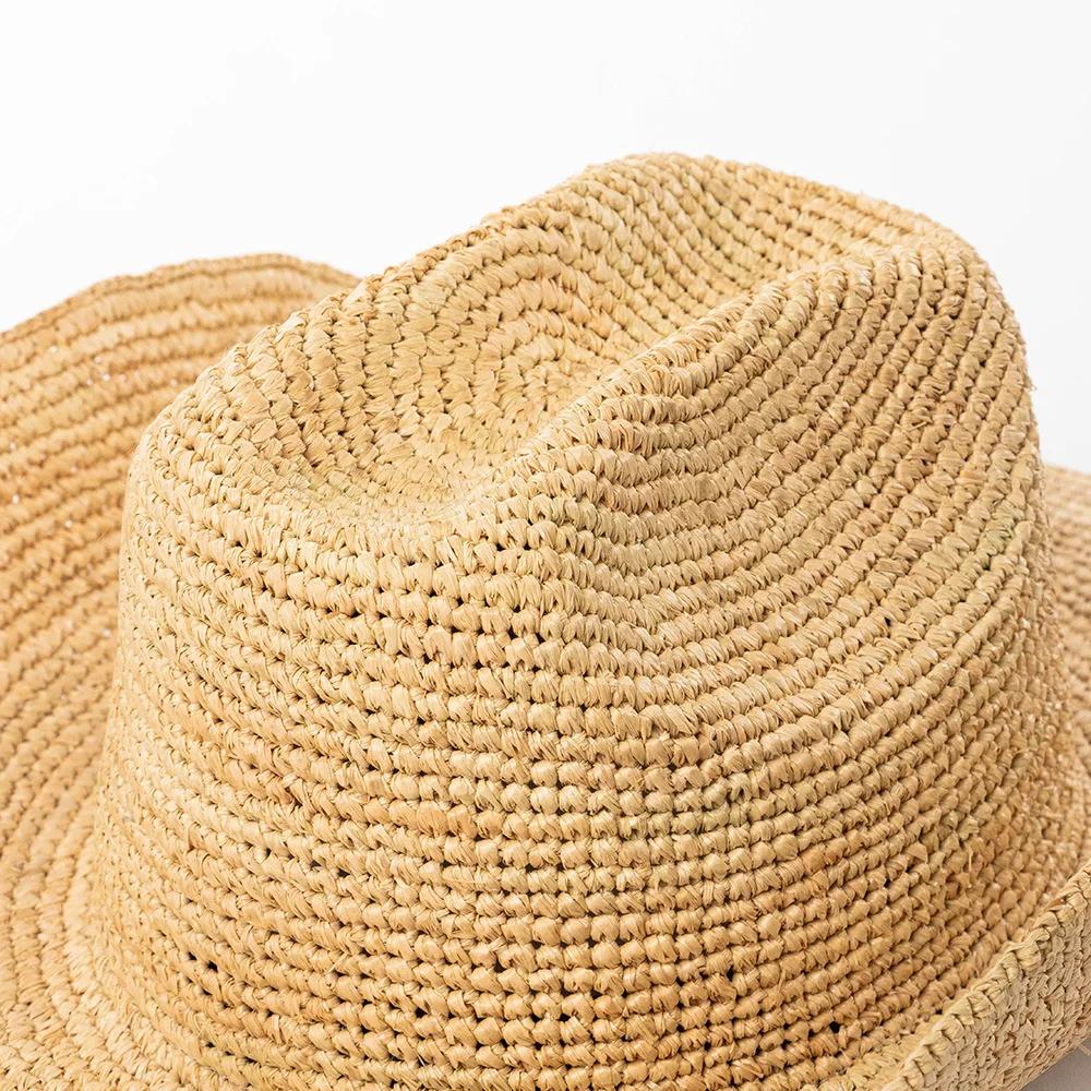 Chapeau de Cowboy en Paille de Raffia Naturel pour Femmes Hommes Été Large Bord Chapeau de Soleil Extérieur Respirant Casquettes de Plage Designer