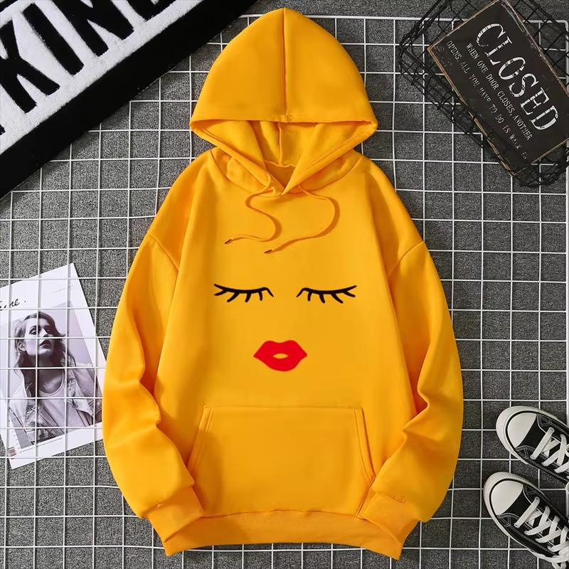 2025 Pretty Cute Eye Lashes Red Lips Print Women Hoodie Summer Casual Short Sleeve O Neck t-shirt Ladies White Hooded Sweatshirt