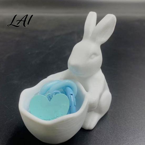 Decorative Bunny Candy Container 3D Printed Easter Bowl Cute Rabbit Holding Bowl Figurine DIY Paintable White Desk Smooth Surface Decor for