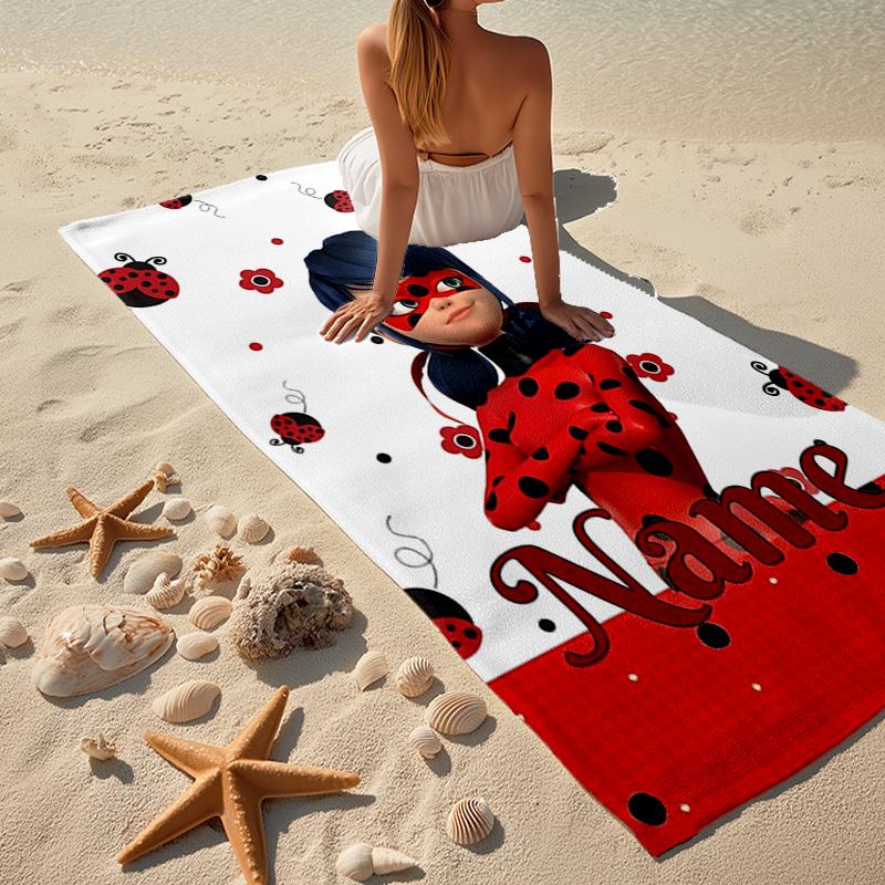 Custom Name Ultra-Soft Beach Towel with Ladybug Theme,Ideal for Pool - Camping, Diving - Perfect Travel Essential, Vibrant Beach Towel.