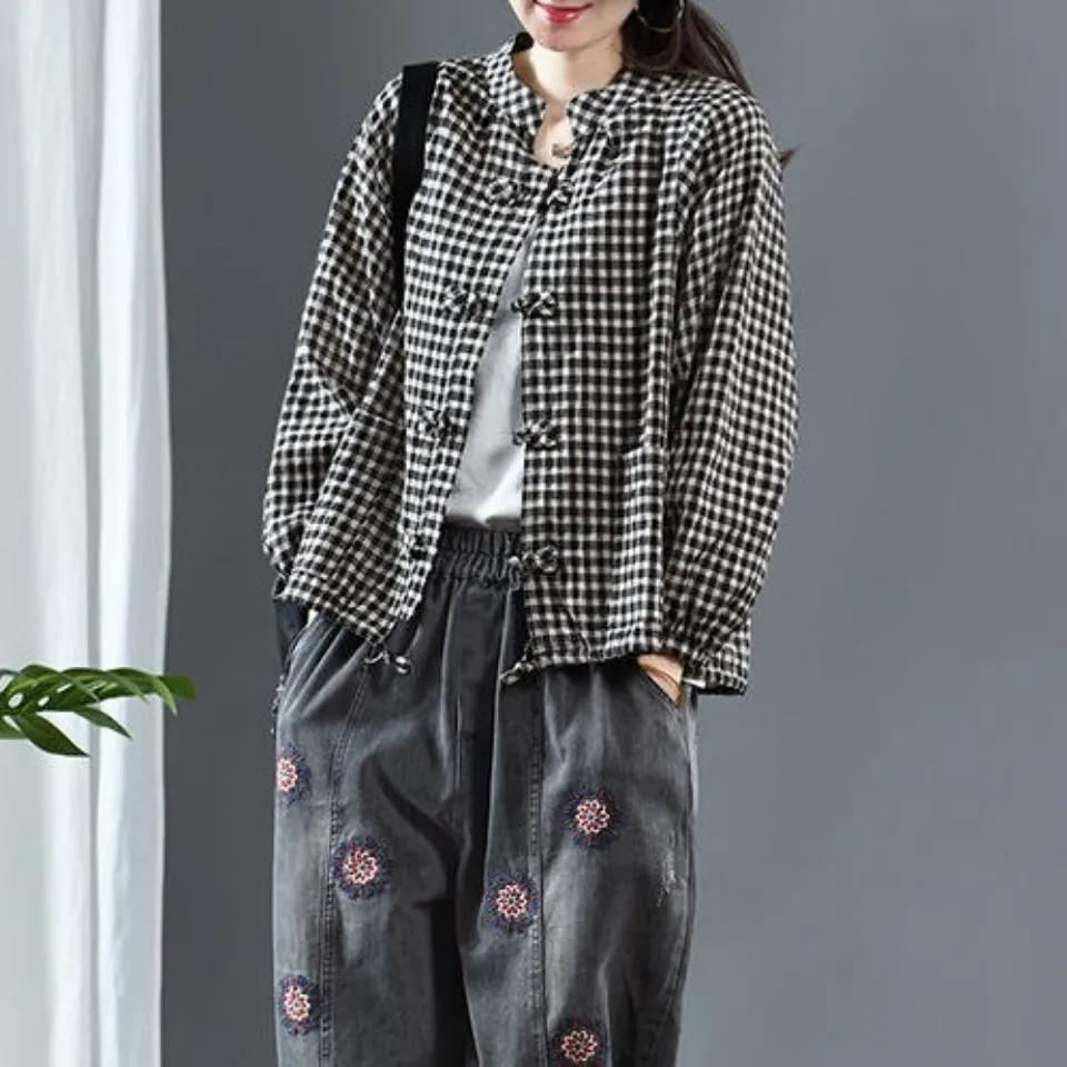 Women's Spring Vintage Buttoned Plaid Cardigan Drawstring Pattern Top