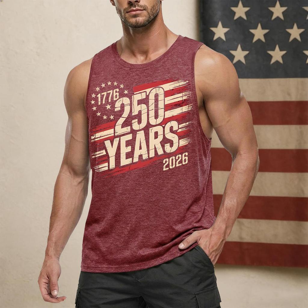 Canotta da uomo senza maniche con scollo rotondo con stampa 250 Anni Gilet Casual Muscle Fit 1776 2026 Grafica Leggera per l'Uso Quotidiano