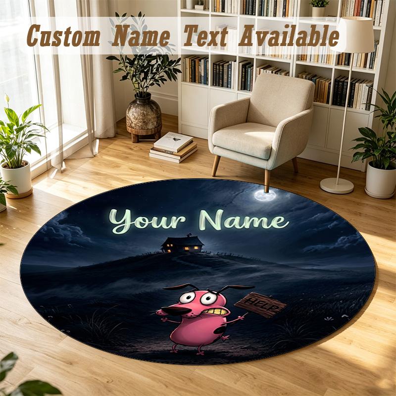 Courage the Cowardly Dog Personalized Round Rug Support Custom Name, Soft Home Decor Mat